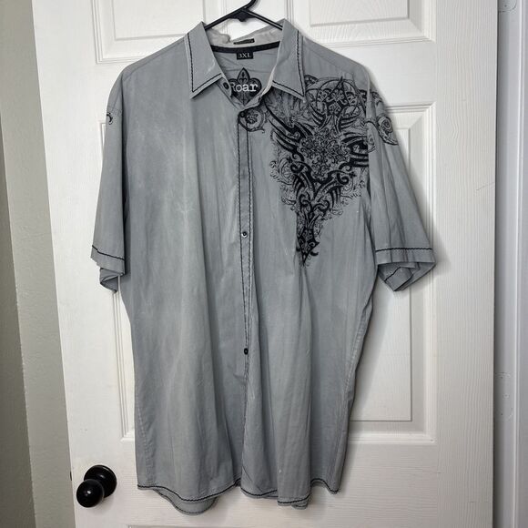 Roar 3XL Button Front Shirt Tribal Embroidered Graphic Western Style Black Gray - Picture 6 of 10